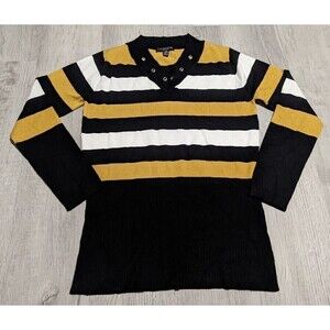 Ilanco Knit Tricot Women's Sz L Yellow Black White Stripe Top Viscose Sweater